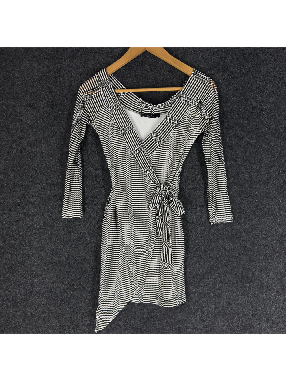 Akira Wrap Dress Women S SMall Black Striped Short V-Neck Belted Tasseled Lined